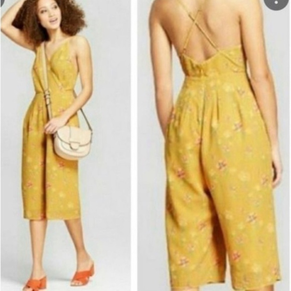 A New Day Yellow Floral Wide Leg Cropped Jumpsuit With Pockets Small